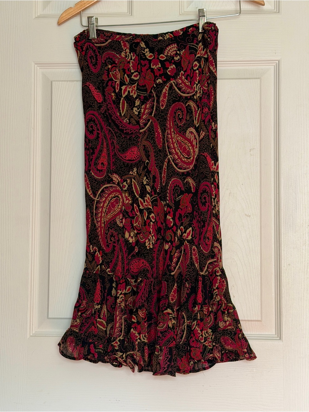 Wanted Black Midi Bias Skirt with Dark Pink Paisley, Ruffle
